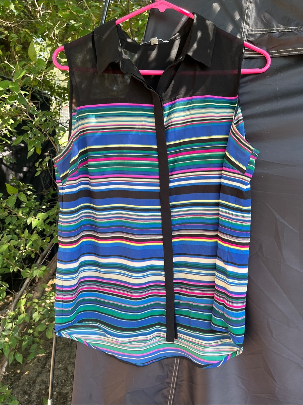 DKNYC Black Yoke Sleeveless Button-Front Top with Multicolor Stripes